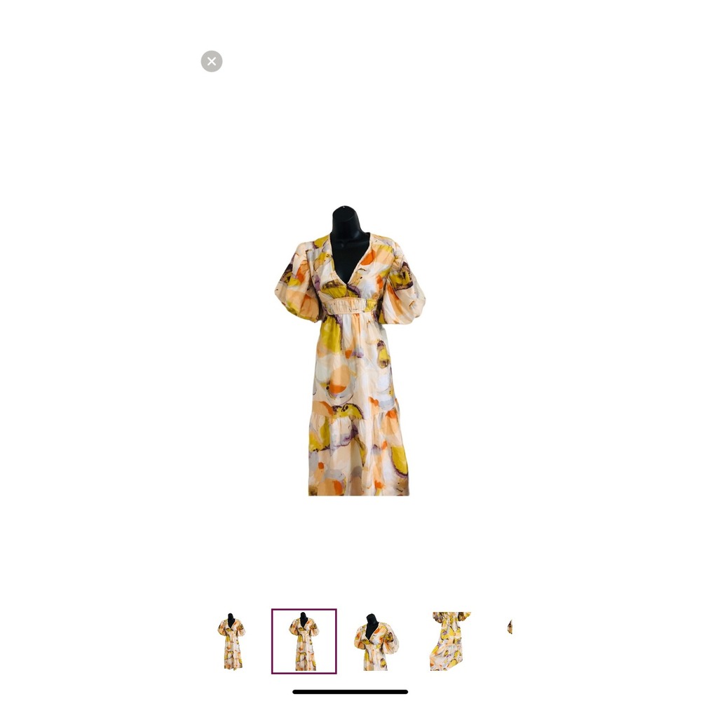 Jessica Simpson Watercolor Swirl V-Neck Midi Puff‎ Sleeve Empire Women's XS
